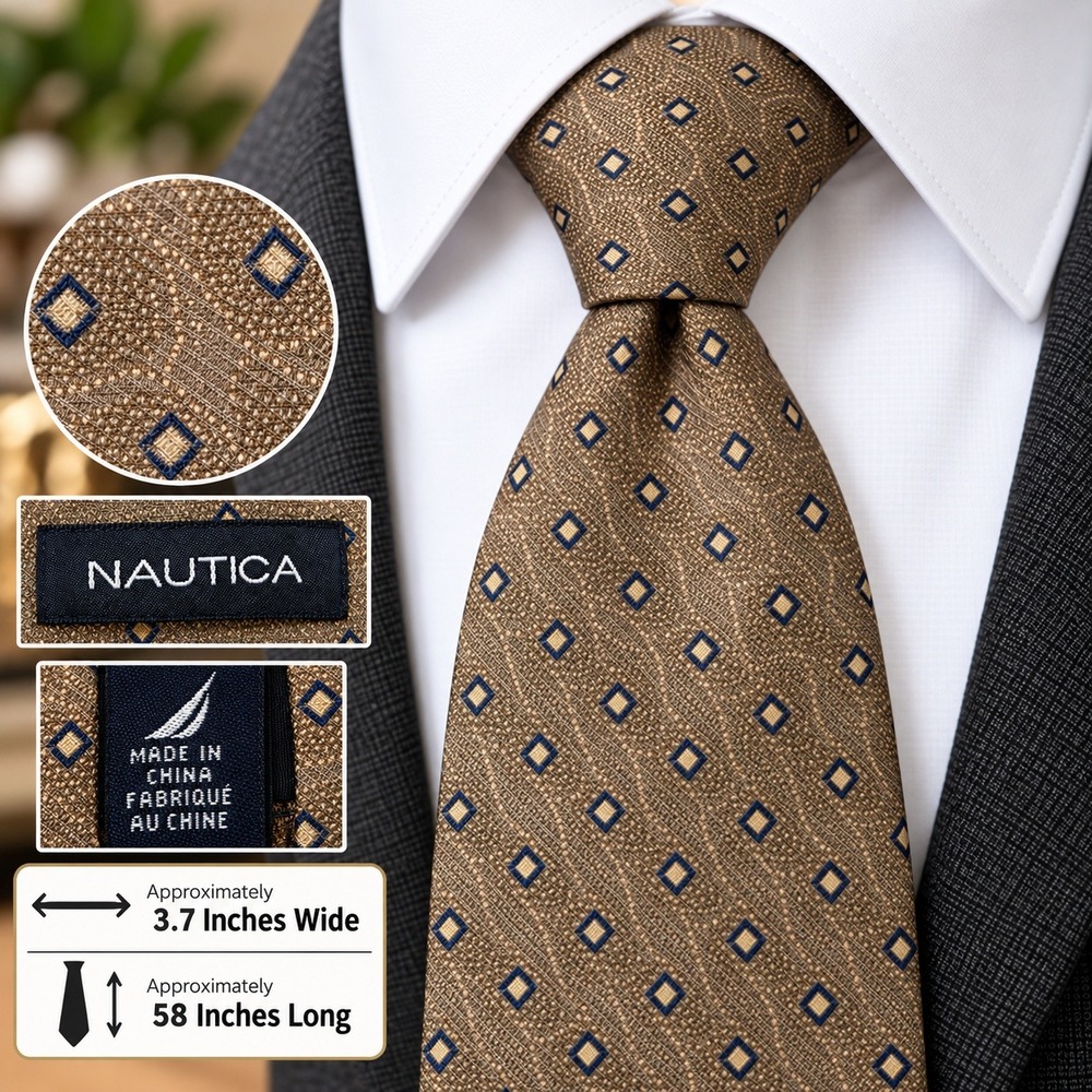 Nautica Mens Silk Blend Tie Gold Tan Navy Blue Geometric Diamond Woven Formal